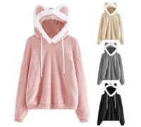 Sudadera polar para mujer, con capucha, abrigo de invierno corto, sudadera, con orejas, cordón de ajuste de color sólido de cachemira 2025 nueva túnica personalizada suéter casual caliente, rosa, L