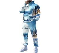 Sudadera sin capucha larga estampada navideña para hombre con bolsillos y pantalones atados, juego de dos piezas de fútbol, Cielo Blu-d, S