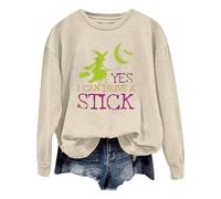 Sudadera sin Capucha Mujer diseño Oversize Estilo Sudadera con Capucha de Manga Larga con Estampado de Letras de Bruja de Halloween para Mujer, Sí, Puedo Conducir un Palo (Beige, XXL)