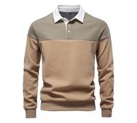 Sudadera tipo polo para hombre, de manga larga, informal, con retazos, clásica, con botones, de algodón, ajuste delgado, para exteriores, sin capucha, sudadera ligera, caqui, XL