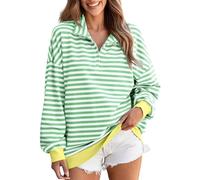 Sudaderas a rayas para mujer, de manga larga, bloque de color, a la moda, con hombros caídos, cremallera de un cuarto, sin capucha, para otoño, casual, blusa de lepel con manga acanalada, Greena03