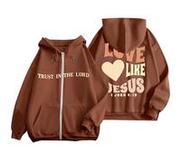 Sudaderas con capucha con forro polar para mujer, con texto en inglés "Love Like Jesus", trajes con capucha y capucha para clima frío, ropa lisa y preppy para mujer, café, XXL