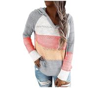 Sudaderas con capucha de bloque de color a rayas para mujer, cuello en V, suéter de punto de ganchillo, ligero, moderno, casual, suelto, naranja, XL