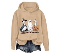Sudaderas con capucha de Halloween para mujer, linda y espeluznante con gráfico de ganso, divertida sudadera de Halloween de manga larga, casual, ropa de otoño 2025, caqui, 3XL