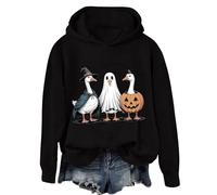 Sudaderas con capucha de Halloween para mujer, linda y espeluznante con gráfico de ganso, divertida sudadera de Halloween de manga larga, casual, ropa de otoño 2025, Negro, M