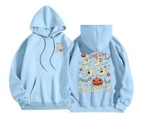 Sudaderas con capucha de Halloween para mujer, vintage, de gran tamaño, cuello fantasma, capucha, clásica, senderismo, calavera, estampada, otoño, ropa de calle femenina, azul celeste, L