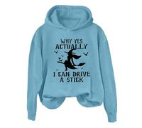 Sudaderas con capucha de Halloween para mujer Why Yes Actually I Can Drive A Stick Graphic Halloween Sudadera de manga larga Casual Tops Ropa de otoño 2025, azul celeste, XXL