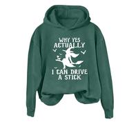 Sudaderas con capucha de Halloween para mujer Why Yes Actually I Can Drive A Stick Graphic Halloween Sudadera de manga larga Casual Tops Ropa de otoño 2025, Verde tirando a negro, 3XL