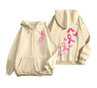 Sudaderas Con Capucha Mujer,Sudadera Con Capucha Y Cremallera Para Mujer Manga Larga Forro Polar Bolsillos Laterales DiseñO Conmemorativo Del De ConcientizacióN Sobre El CáNcer De Mama Ajuste BáSico