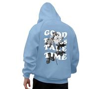 Sudaderas con capucha para hombre, con texto en inglés "Good Things Take Time", lindas letras, personalizadas, con forro polar Y2K, con capucha, cómodas, anime, otoño, a la moda, azul claro, 3XL