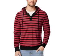 Sudaderas con capucha para hombre, diseño de retazos a rayas, con botones, manga larga, cordón, casual, cómoda, holgada, deportiva, para otoño e invierno, sudaderas con capucha, Rojo ladrillo, L