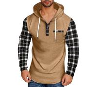 Sudaderas con capucha para hombre, manga larga, cuello abotonado, sudadera con capucha a cuadros de bloque de color, sudadera de calentamiento suelto para otoño e invierno, abrigos con cordones y