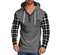 Sudaderas con capucha para hombre, manga larga, cuello abotonado, sudadera con capucha a cuadros de bloque de color, sudadera de calentamiento suelto para otoño e invierno, abrigos con cordones y