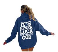 Sudaderas con capucha para mujer, con texto en inglés "It's Never Luck Its Always God", con cordón, para otoño, invierno, cómoda, casual, sudadera con capucha, azul oscuro, XL