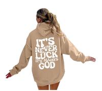 Sudaderas con capucha para mujer, con texto en inglés "It's Never Luck Its Always God", con cordón, para otoño, invierno, cómoda, casual, sudadera con capucha, caqui, S