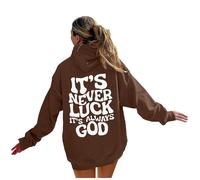 Sudaderas con capucha para mujer, con texto en inglés "It's Never Luck Its Always God", con cordón, para otoño, invierno, cómoda, casual, sudadera con capucha, marrón, S