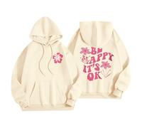 Sudaderas con capucha para mujer, diseño con texto en inglés "Be Happy It's Ok", divertidas, talla grande, con bolsillo, cordón, para mujer, cómoda, casual, moderna, para otoño e invierno, beige, S