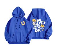Sudaderas con capucha para mujer, diseño con texto en inglés "Be Happy It's Ok", divertidas, talla grande, con bolsillo, cordón, para mujer, cómoda, casual, moderna, para otoño e invierno, azul, XS