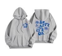 Sudaderas con capucha para mujer, diseño con texto en inglés "Be Happy It's Ok", divertidas, talla grande, con bolsillo, cordón, para mujer, cómoda, casual, moderna, para otoño e invierno, gris, XS