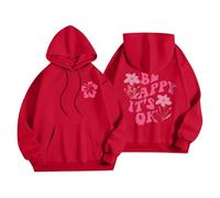 Sudaderas con capucha para mujer, diseño con texto en inglés "Be Happy It's Ok", divertidas, talla grande, con bolsillo, cordón, para mujer, cómoda, casual, moderna, para otoño e invierno, rosso, 3XL