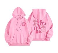 Sudaderas con capucha para mujer, diseño con texto en inglés "Be Happy It's Ok", divertidas, talla grande, con bolsillo, cordón, para mujer, cómoda, casual, moderna, para otoño e invierno, rosa, XXL