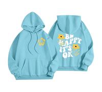 Sudaderas con capucha para mujer, diseño con texto en inglés "Be Happy It's Ok", divertidas, talla grande, con bolsillo, cordón, para mujer, cómoda, casual, moderna, para otoño e invierno, azul claro