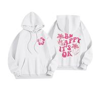 Sudaderas con capucha para mujer, diseño con texto en inglés "Be Happy It's Ok", divertidas, talla grande, con bolsillo, cordón, para mujer, cómoda, casual, moderna, para otoño e invierno, blanco, XXL