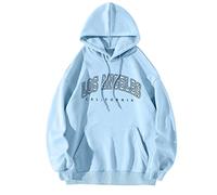 Sudaderas con capucha para mujer, diseño vintage de Los Ángeles, California, con estampado de Los Ángeles, color liso, para otoño, holgadas, con bolsillo, cordón y bolsillos, sudaderas, azul celeste