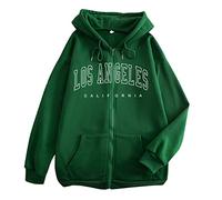 Sudaderas con capucha vintage de Los Ángeles California para mujer, sudaderas con capucha para la universidad, ajuste holgado, estampado floral, con cremallera y letras a la moda, para otoño, verde, L