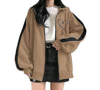 Sudaderas con capucha Workou con cremallera completa para mujer, con cordón de retazos, estilo gótico, para adolescentes, bloque de color, estampado de corazón, cremallera de moda, color sólido, tops