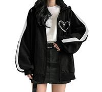 Sudaderas con capucha Workou con cremallera completa para mujer, con cordón de retazos, estilo gótico, para adolescentes, bloque de color, estampado de corazón, cremallera de moda, color sólido, tops
