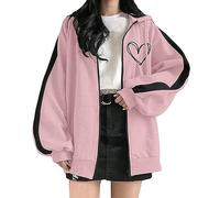Sudaderas con capucha Workou con cremallera completa para mujer, con cordón de retazos, estilo gótico, para adolescentes, bloque de color, estampado de corazón, cremallera de moda, color sólido, tops