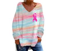 Sudaderas con cuello en V para mujer, con lazo rosa, para concienciación sobre el cáncer de mama, informal, ropa de moda, 1a-azul cielo, M