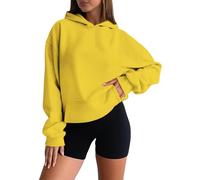 Sudaderas cortas con capucha para mujer, de forro polar, manga larga, sin botones, para otoño e invierno, con bolsillos, con cremallera de un cuarto, amarillo, S