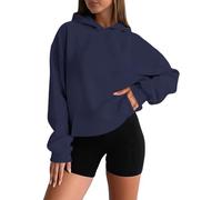 Sudaderas cortas con capucha para mujer, de forro polar, manga larga, sin botones, para otoño e invierno, con bolsillos, con cremallera de un cuarto, azul marino, S