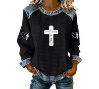 Sudaderas cristianas de gran tamaño para mujer, de punto gofre, de tela vaquera, con retazos, religiosa, con gráfico de cruz de fe, vintage, cuello redondo, cosidas, camisa de mezclilla de primavera