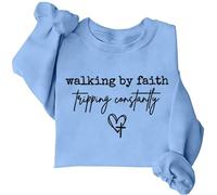Sudaderas cristianas para mujer Walking By Faith Tripping Constantly, camiseta de manga larga, azul celeste, L