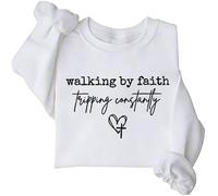Sudaderas cristianas para mujer Walking By Faith Tripping Constantly, camiseta de manga larga, blanco, S