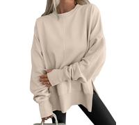 Sudaderas de gran tamaño para mujer, de forro polar, con medio guante sin dedos, cuello redondo, manga larga, abertura lateral, holgada, casual, para uso diario, calle, hogar, viajes, beige, M