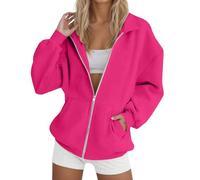 Sudaderas de gran tamaño para mujer, de forro polar, manga larga, con cremallera, chaqueta de entrenamiento con bolsillo canguro, abrigo con solapa para exteriores y viajes, hot pink, XXL