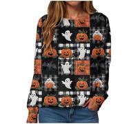 Sudaderas de Halloween para mujer del Reino Unido para mujer, Halloween, calabaza, holgada, gráfico, fantasma, gato, cuello redondo, manga larga, casual, sin botones, camiseta de fantasmas, 13-negro