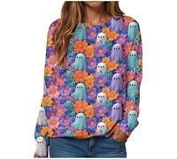 Sudaderas de Halloween para mujer del Reino Unido para mujer, Halloween, calabaza, holgada, gráfico, fantasma, gato, cuello redondo, manga larga, casual, sin botones, camiseta de fantasmas, 13 morado