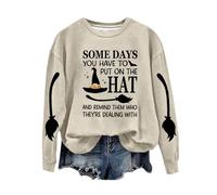 Sudaderas de Halloween para mujer, divertidas, de Good Witch Most Of The Time, manga larga, cuello redondo, con gráfico de Halloween, para otoño, Z01-beige, L