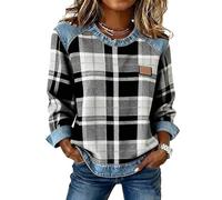 Sudaderas de mezclilla con retazos para mujer, cuello redondo vintage, camisa de mezclilla con empalme a cuadros, casual, holgada, de gran tamaño, blusa con costuras de bloque de color, trajes de