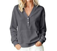 Sudaderas de mujer con cuello en V y botones Sweatshirt de manga larga Jersey, Gris ceniza, S