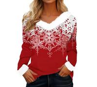 Sudaderas de Navidad para mujer, cuello de felpa con estampado de copo de nieve, puños de felpa, manga larga, camiseta básica para mujer, camisetas sueltas para mujer, C-rojo, XXL