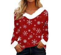 Sudaderas de Navidad para mujer, cuello de felpa, puños de felpa, camiseta de manga larga degradada, árbol de Navidad, camisa de trabajo para mujer, manga corta, C-rojo, L