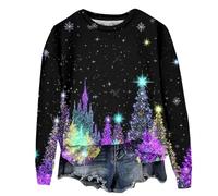 Sudaderas de Navidad para mujer, cuello redondo, manga larga, estampado gráfico de Navidad, suéter de moda, suéter ligero de gran tamaño, casual, cómodo, B-azul marino, L