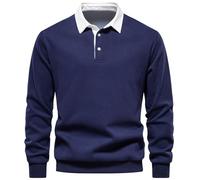 Sudaderas Hombres sin Capucha Polo Cuello Manga Larga Pullover Sweatshirt Invierno Cálidos Basica Sudadera Color Puro Termica Jersey Casual Trabajo Básico Pull-Over Camisa Azul Marino M