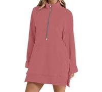 Sudaderas largas para mujer, media cremallera, casual, ligera, de manga larga, con bolsillos, dobladillo dividido, sudaderas de gran tamaño, abrigos de otoño, trajes de color liso, Rojo ladrillo, S